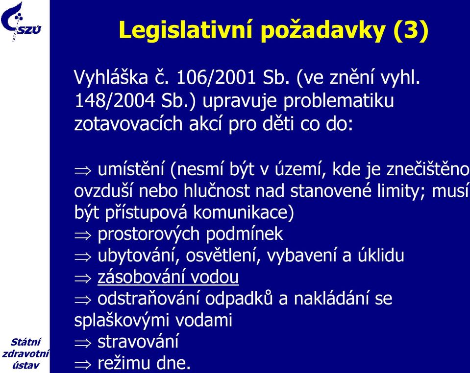 ovzduší nebo hlučnost nad stanovené limity; musí být přístupová komunikace) prostorových podmínek