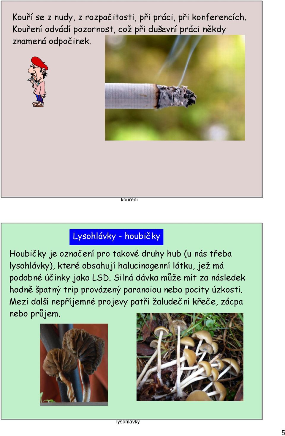 kouření Lysohlávky - houbičky Houbičky je označení pro takové druhy hub (u nás třeba lysohlávky), které obsahují