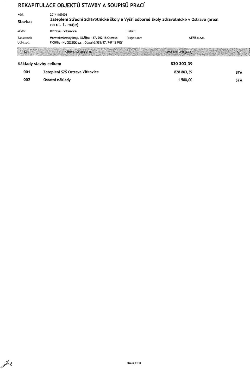 uí. 1. máje) Zadavatel: Uchazeč: Moravskoslezský kraj, 28,řijna 117,702 18 Ostrava FICHNA - HUDECZE a.s., Opavská 535/17, 74718 Píst' Projektant: ATRIS s.