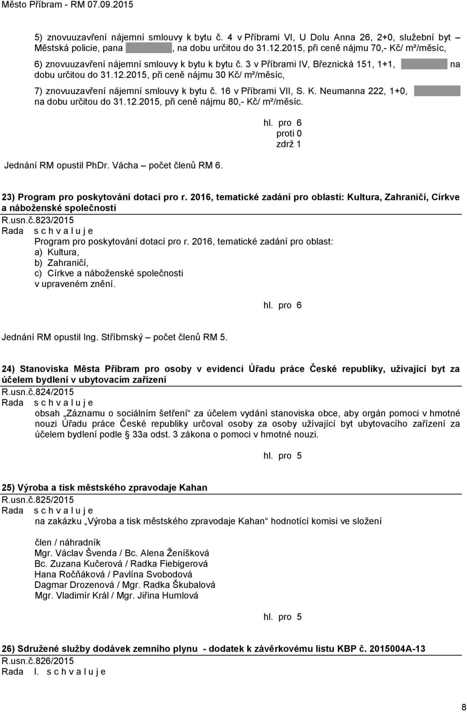 2015, při ceně nájmu 30 Kč/ m²/měsíc, 7) znovuuzavření nájemní smlouvy k bytu č. 16 v Příbrami VII, S. K. Neumanna 222, 1+0, na dobu určitou do 31.12.2015, při ceně nájmu 80,- Kč/ m²/měsíc.