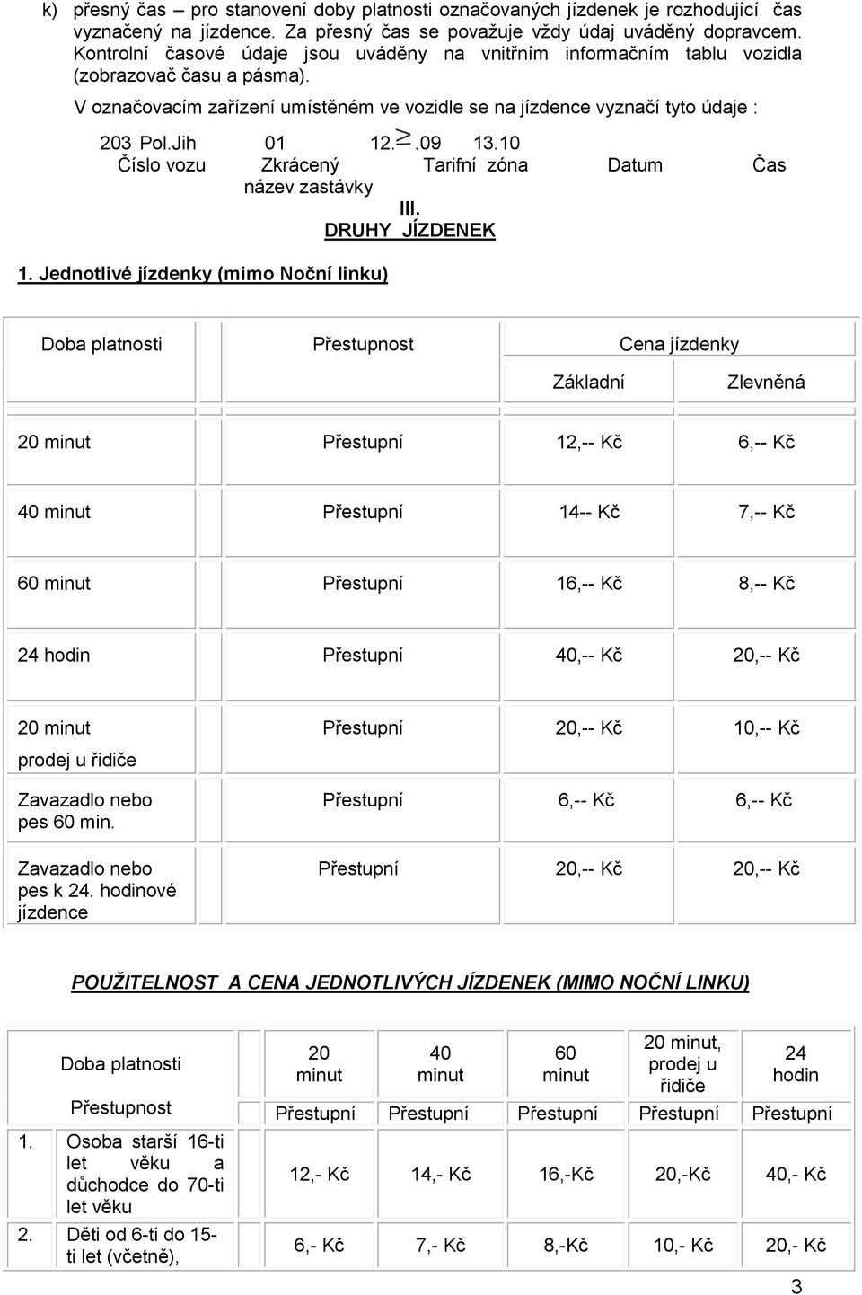 .09 13.10 Číslo vozu Zkrácený Tarifní zóna Datum Čas název zastávky III. DRUHY JÍZDENEK 1.