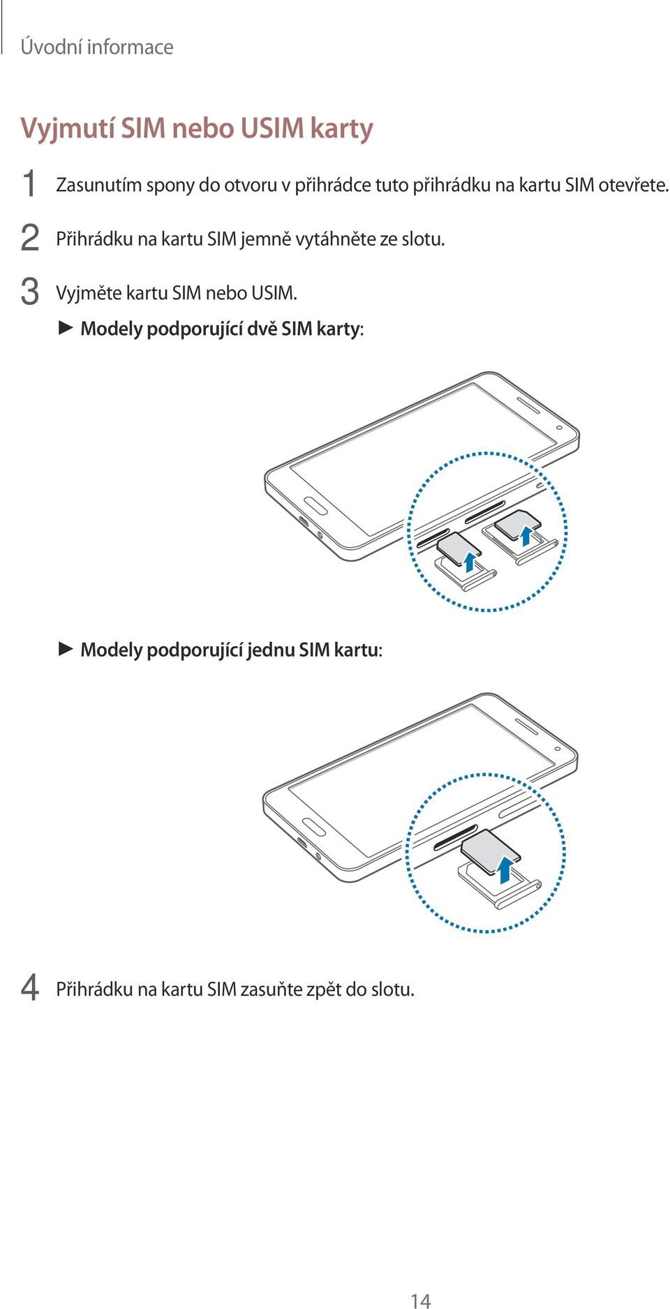 2 Přihrádku na kartu SIM jemně vytáhněte ze slotu. 3 Vyjměte kartu SIM nebo USIM.