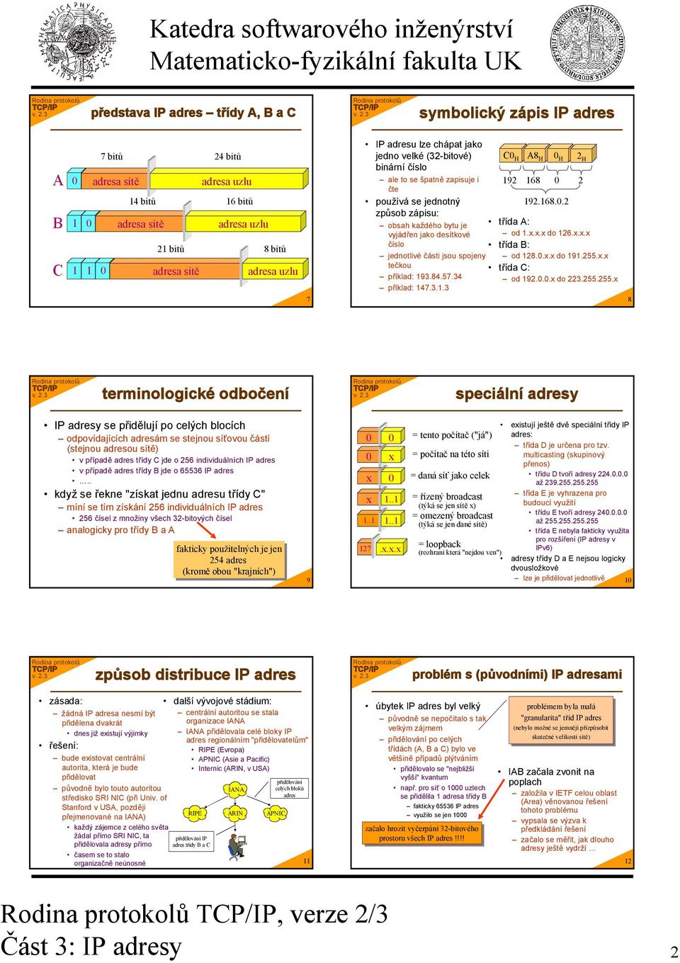 57.34 příklad: 147.3.1.3 C0 H A8 H 0 H 2 H 192 168 0 2 192.168.0.2 třída A: od 1.x.x.x do 126.x.x.x třída B: od 128.0.x.x do 191.255.