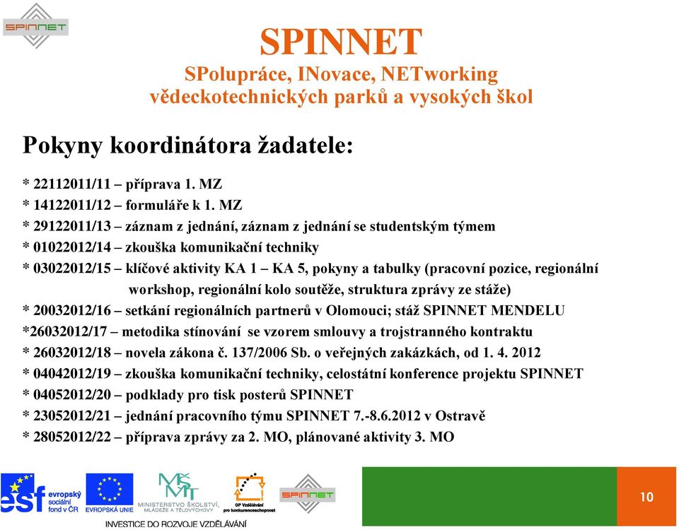 regionální workshop, regionální kolo soutěže, struktura zprávy ze stáže) * 20032012/16 setkání regionálních partnerů v Olomouci; stáž SPINNET MENDELU *26032012/17 metodika stínování se vzorem smlouvy