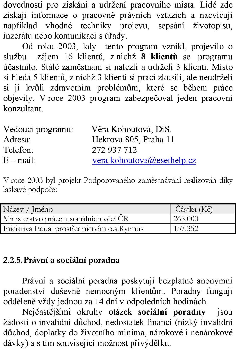 Od roku 2003, kdy tento program vznikl, projevilo o službu zájem 16 klientů, z nichž 8 klientů se programu účastnilo. Stálé zaměstnání si nalezli a udrželi 3 klienti.