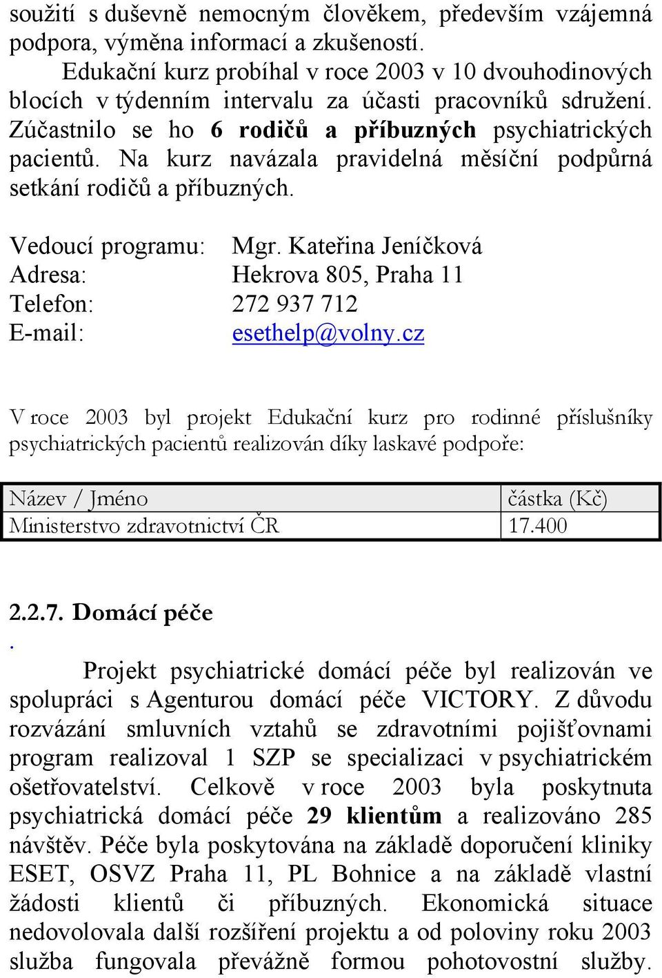 Na kurz navázala pravidelná měsíční podpůrná setkání rodičů a příbuzných. Vedoucí programu: Mgr. Kateřina Jeníčková Adresa: Hekrova 805, Praha 11 Telefon: 272 937 712 E-mail: esethelp@volny.