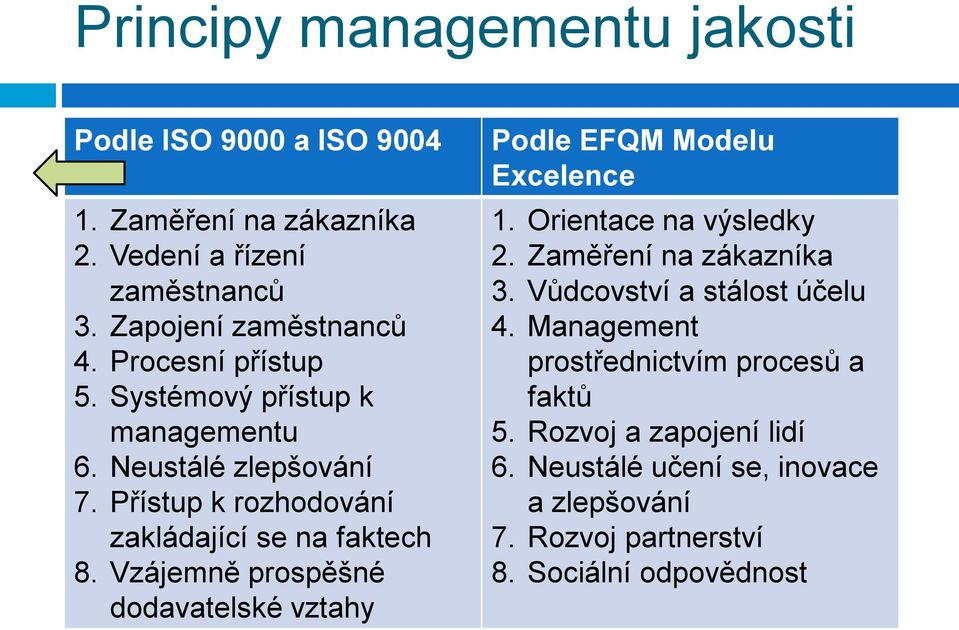 Vzájemně prospěšné dodavatelské vztahy Podle EFQM Modelu Excelence 1. Orientace na výsledky 2. Zaměření na zákazníka 3.