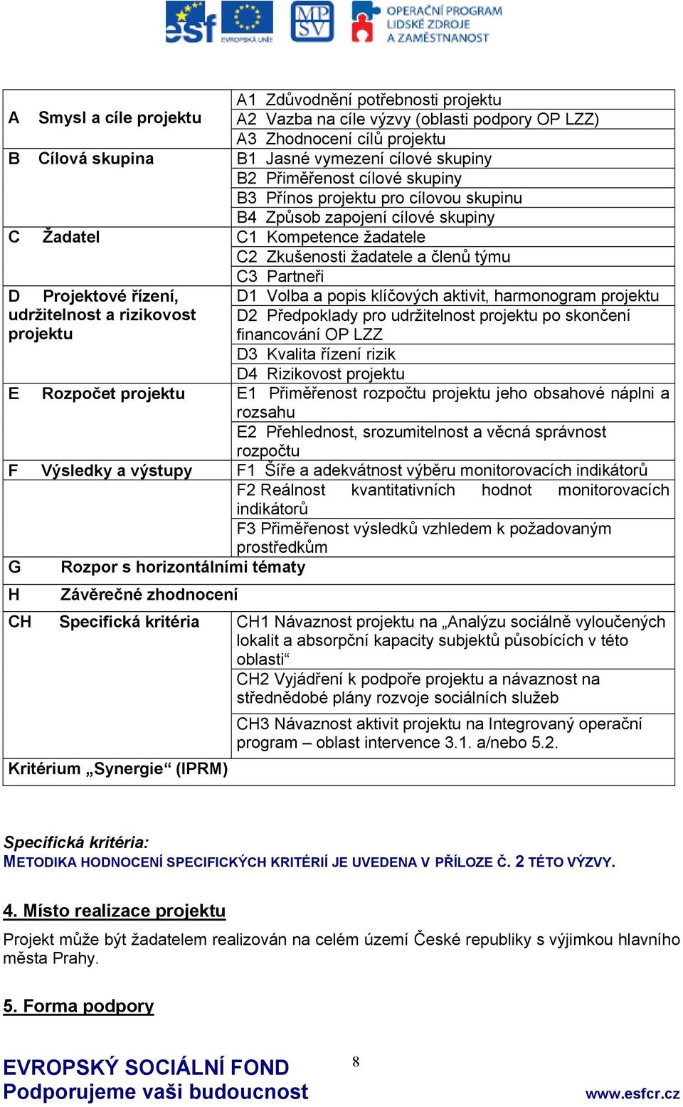 a popis klíčových aktivit, harmonogram projektu udržitelnost a rizikovost projektu D2 Předpoklady pro udržitelnost projektu po skončení financování OP LZZ D3 Kvalita řízení rizik E Rozpočet projektu