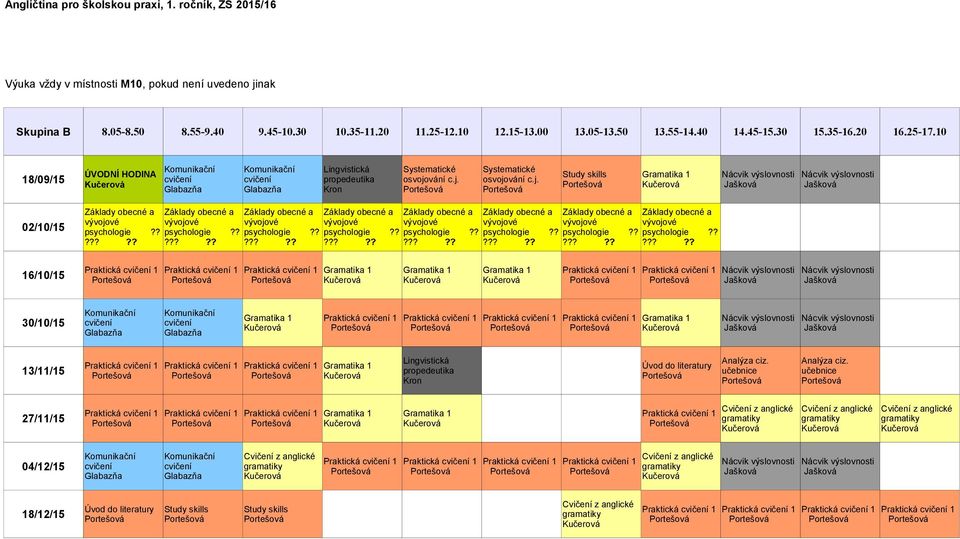 Skupina B 18/09/15 ÚVODNÍ HODINA 02/10/15 psychologie psychologie psychologie