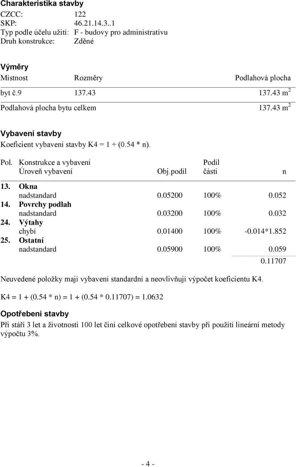 Okna nadstandard 0.05200 100% 0.052 14. Povrchy podlah nadstandard 0.03200 100% 0.032 24. Výtahy chybí 0.01400 100% -0.014*1.852 25. Ostatní nadstandard 0.05900 100% 0.