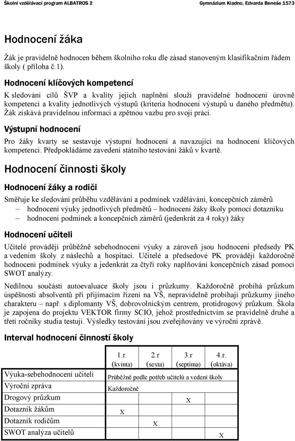 předmětu). Žák získává pravidelnou informaci a zpětnou vazbu pro svoji práci. Výstupní hodnocení Pro žáky kvarty se sestavuje výstupní hodnocení a navazující na hodnocení klíčových kompetencí.