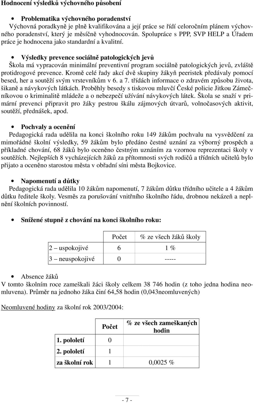 Výsledky prevence sociálně patologických jevů Škola má vypracován minimální preventivní program sociálně patologických jevů, zvláště protidrogové prevence.