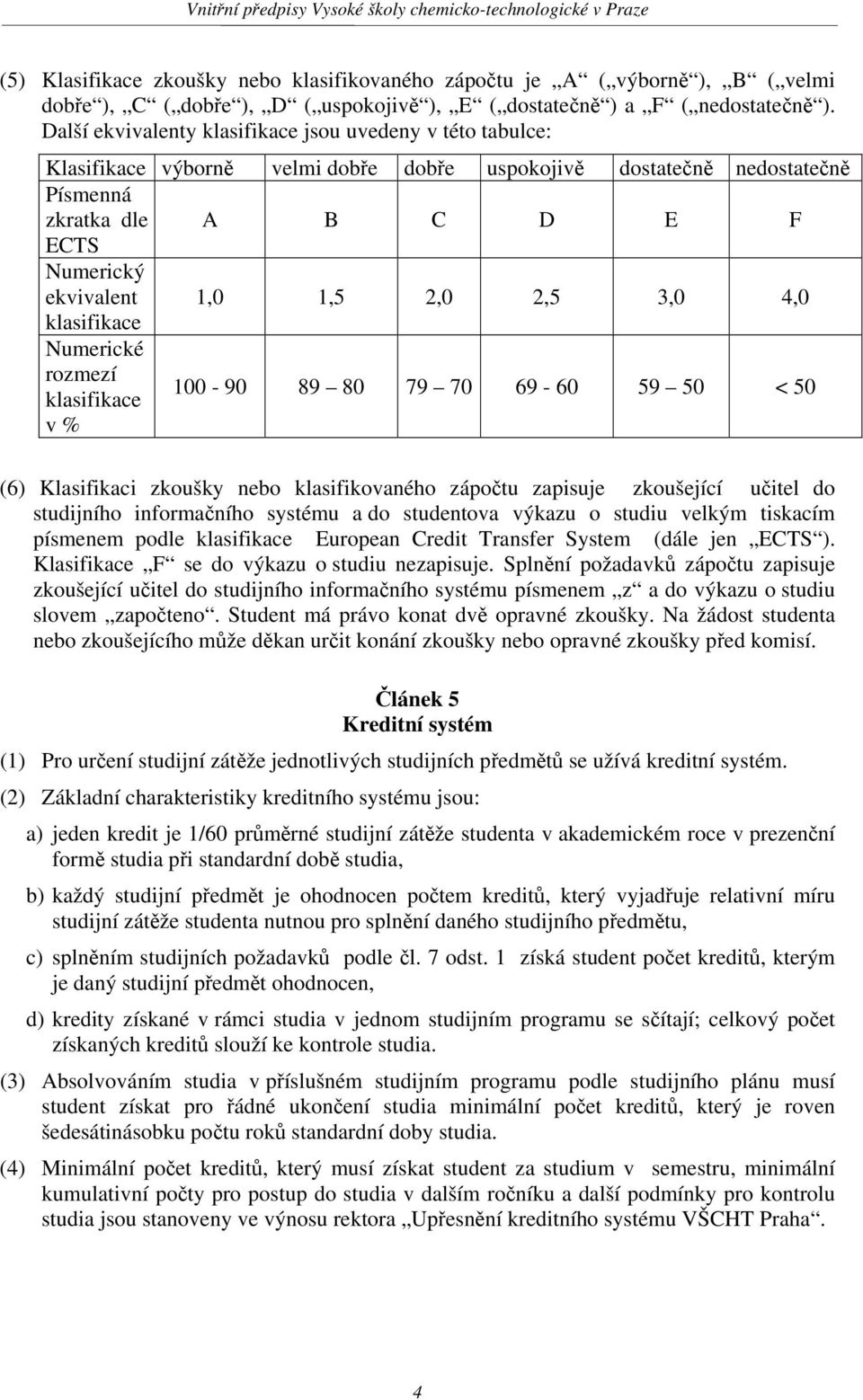 2,0 2,5 3,0 4,0 klasifikace Numerické rozmezí klasifikace v % 100-90 89 80 79 70 69-60 59 50 < 50 (6) Klasifikaci zkoušky nebo klasifikovaného zápočtu zapisuje zkoušející učitel do studijního