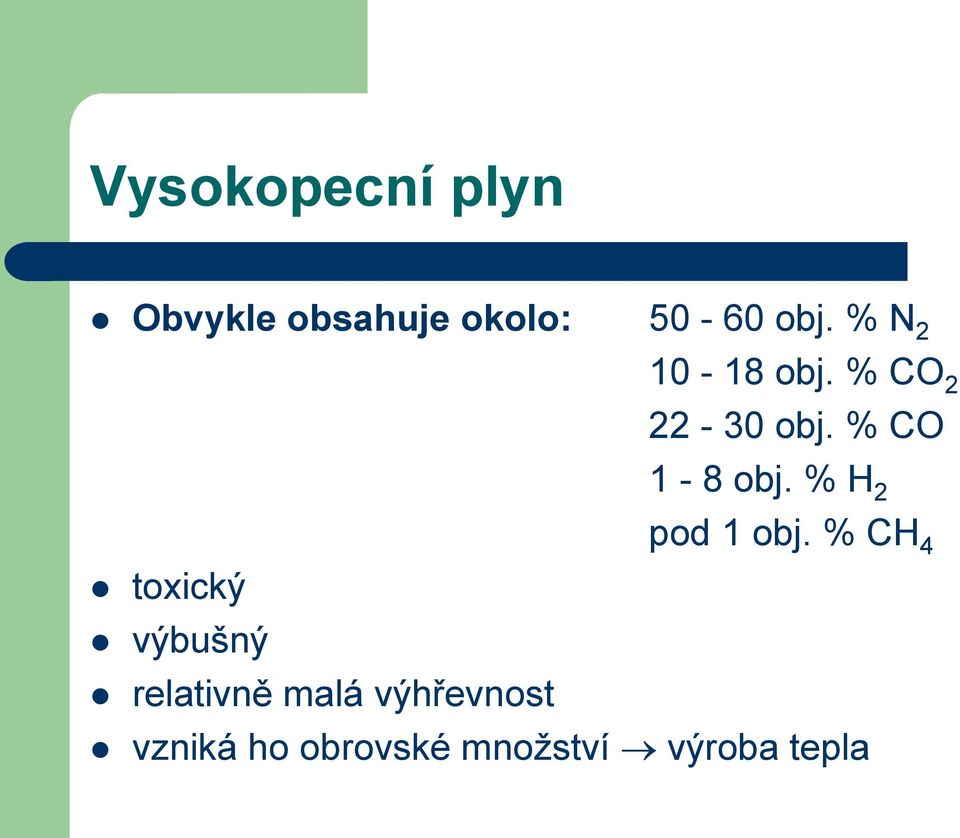 % CO toxický výbušný relativně malá výhřevnost 1-8