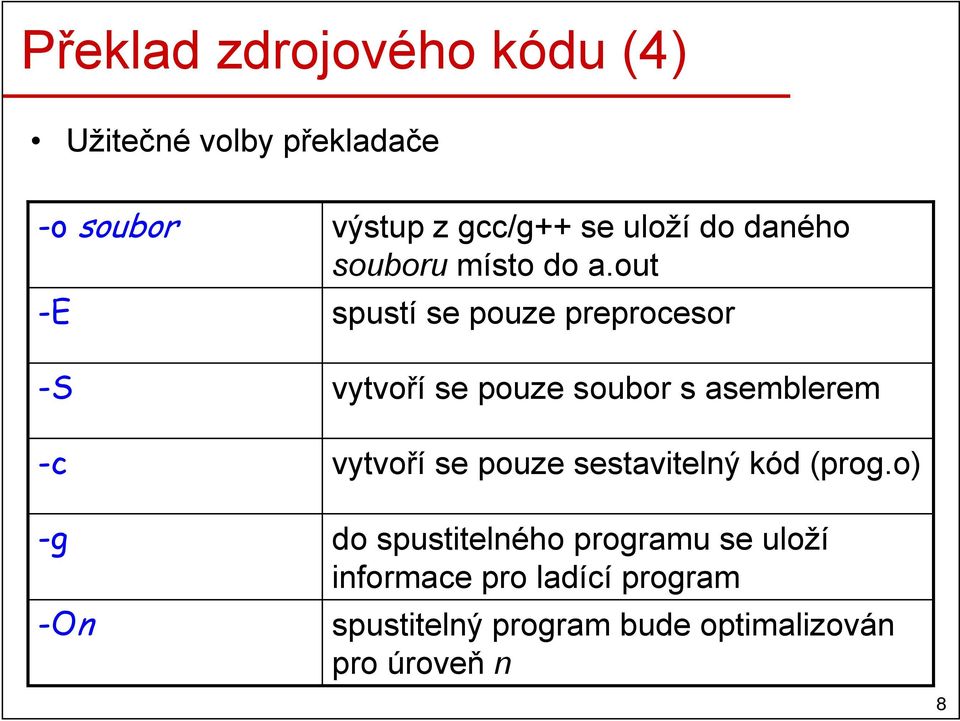 out spustí se pouze preprocesor vytvoří se pouze soubor s asemblerem vytvoří se pouze