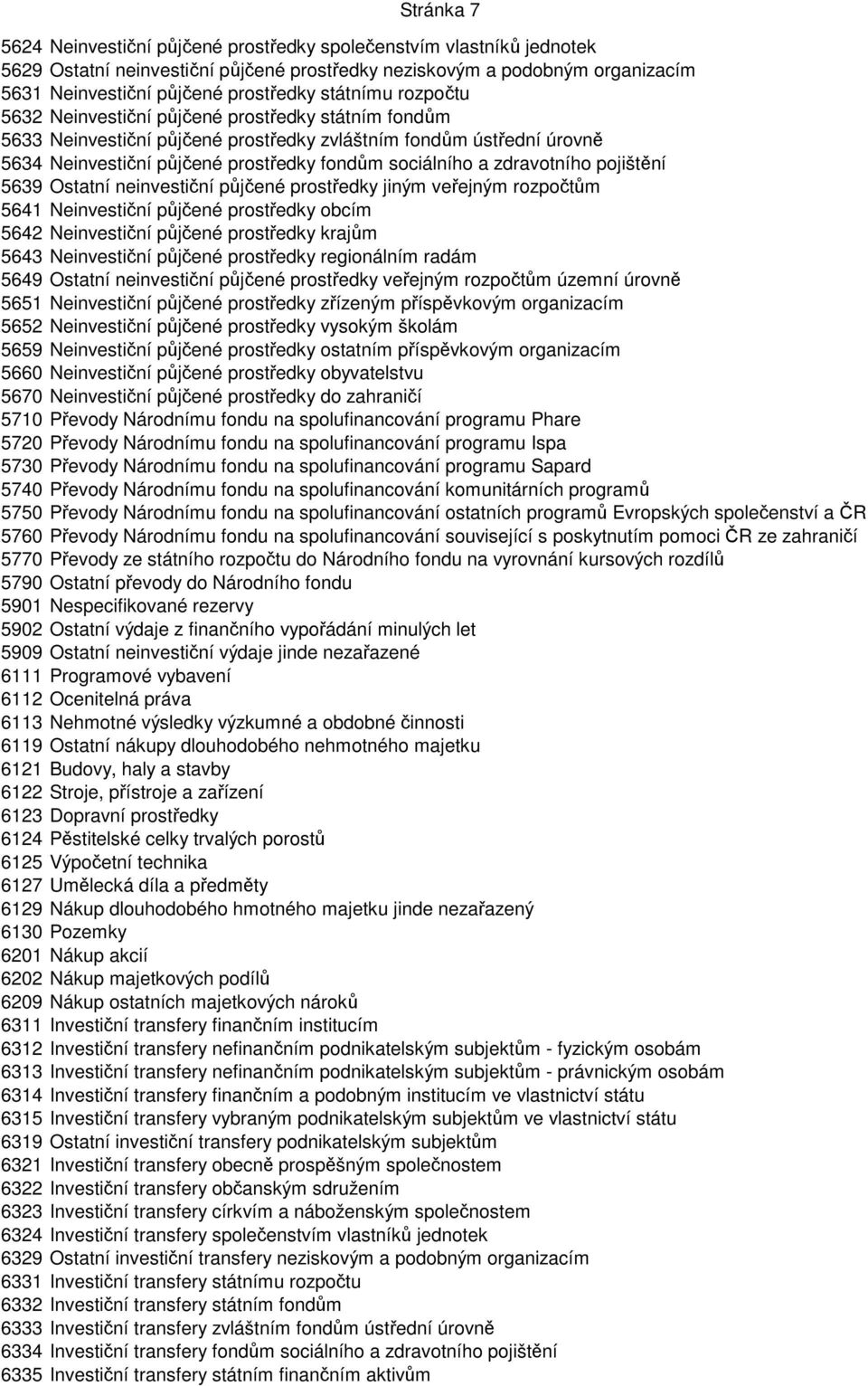 zdravotního pojištění 5639 Ostatní neinvestiční půjčené prostředky jiným veřejným rozpočtům 5641 Neinvestiční půjčené prostředky obcím 5642 Neinvestiční půjčené prostředky krajům 5643 Neinvestiční