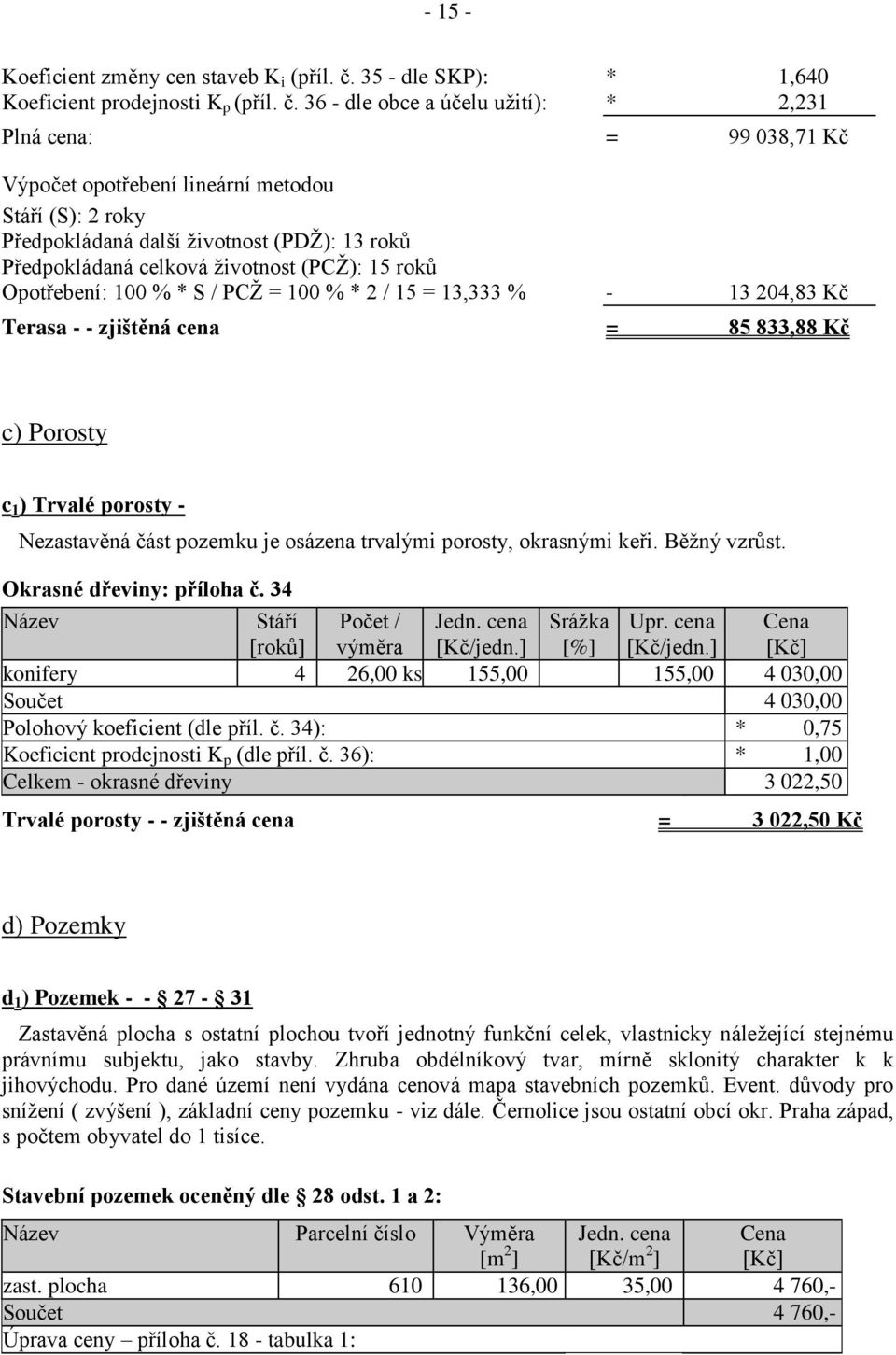 36 - dle obce a účelu užití): * 2,231 Plná cena: = 99 038,71 Kč Výpočet opotřebení lineární metodou Stáří (S): 2 roky Předpokládaná další životnost (PDŽ): 13 roků Předpokládaná celková životnost
