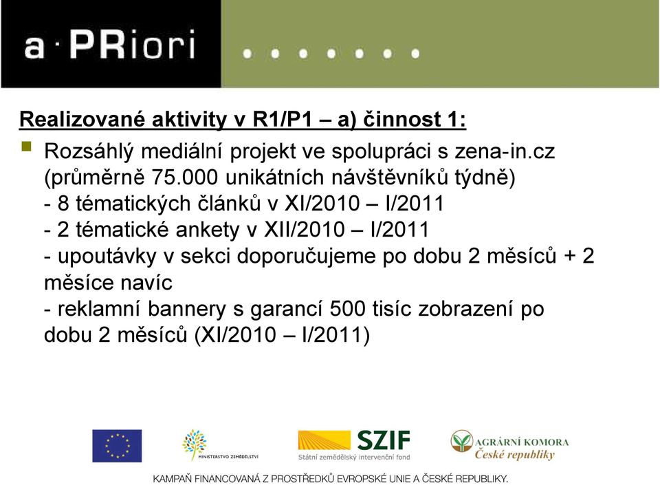 000 unikátních návštěvníků týdně) - 8 tématických článků v XI/2010 I/2011-2 tématické ankety