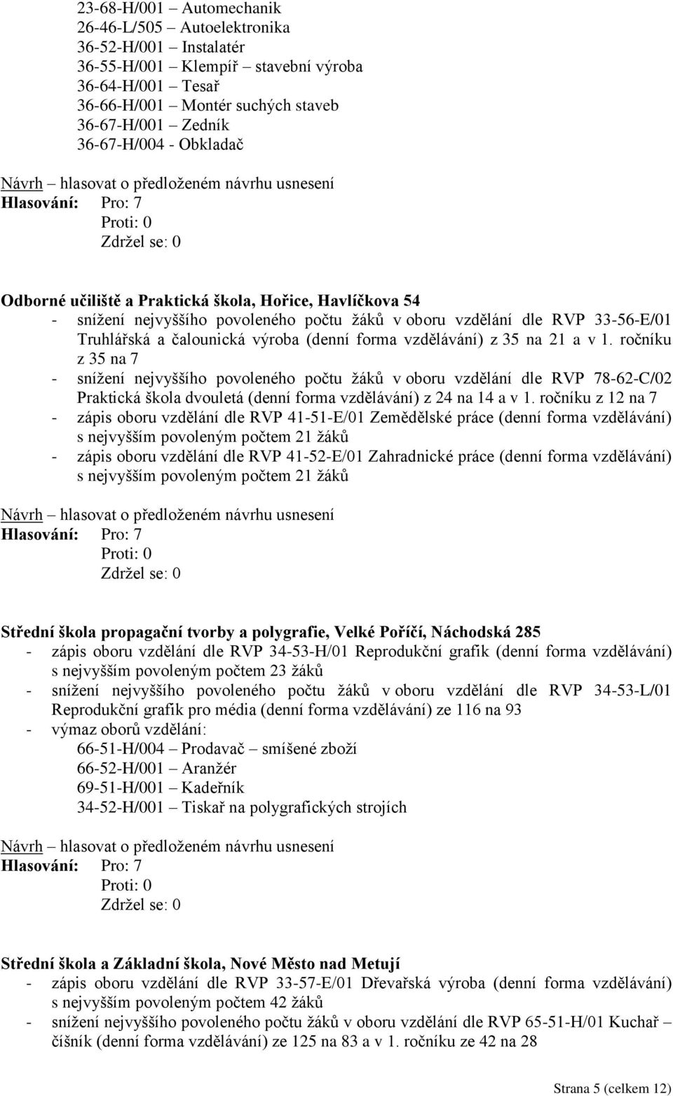 vzdělávání) z 35 na 21 a v 1. ročníku z 35 na 7 - snížení nejvyššího povoleného počtu žáků v oboru vzdělání dle RVP 78-62-C/02 Praktická škola dvouletá (denní forma vzdělávání) z 24 na 14 a v 1.