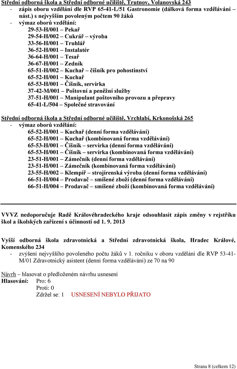 pohostinství 65-52-H/001 Kuchař 65-53-H/001 Číšník, servírka 37-42-M/001 Poštovní a peněžní služby 37-51-H/001 Manipulant poštovního provozu a přepravy 65-41-L/504 Společné stravování Střední odborná