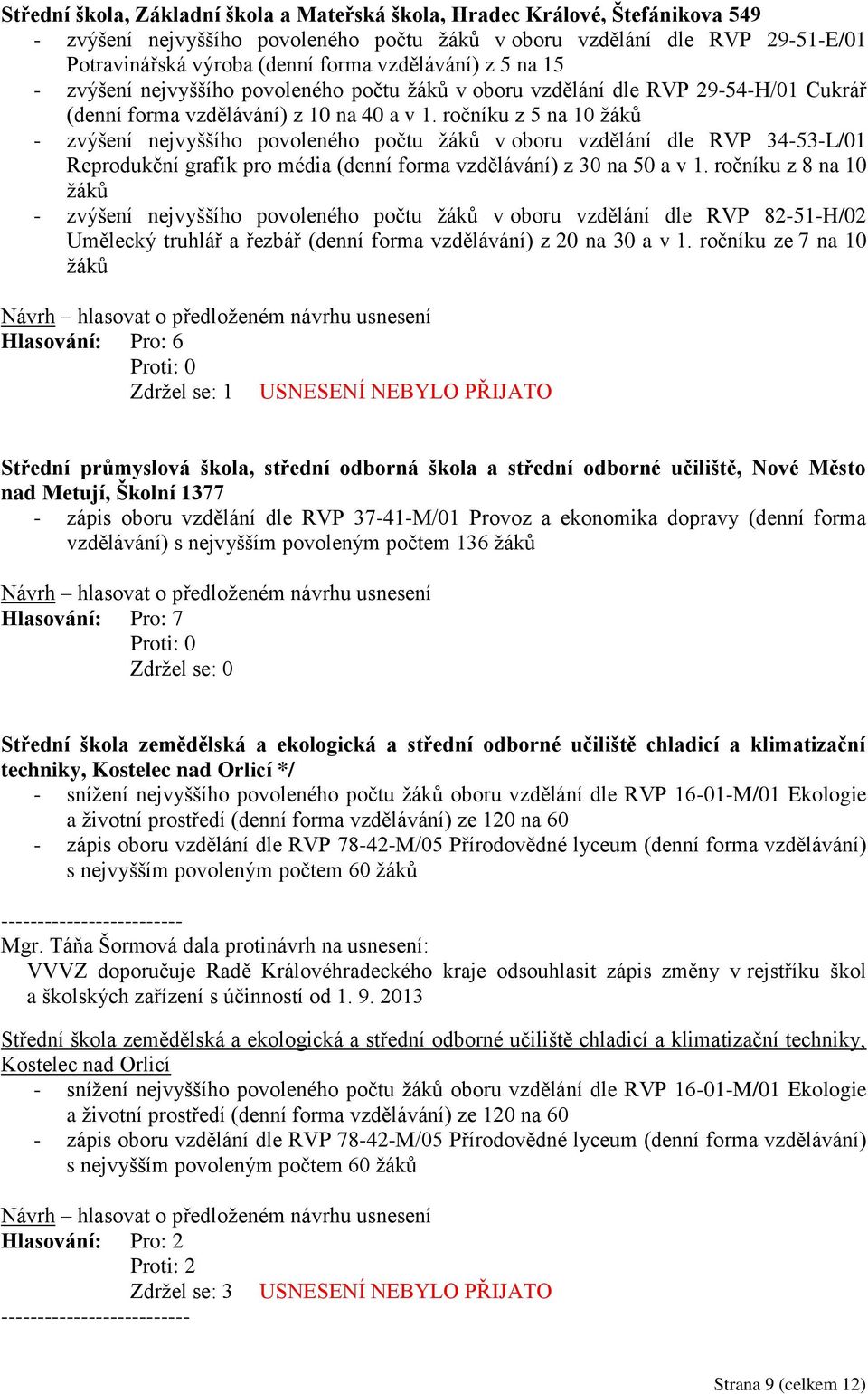 ročníku z 5 na 10 žáků - zvýšení nejvyššího povoleného počtu žáků v oboru vzdělání dle RVP 34-53-L/01 Reprodukční grafik pro média (denní forma vzdělávání) z 30 na 50 a v 1.