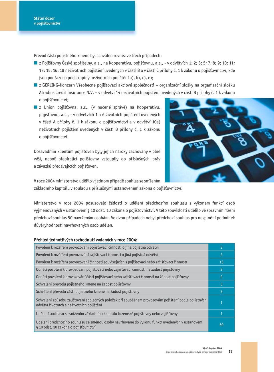 složku Atradius Credit Insurance N.V. v odvětví 14 neživotních pojištění uvedených v části B přílohy č. 1 k zákonu o pojišťovnictví; n z Union pojišťovna, a.s., (v nucené správě) na Kooperativu, pojišťovnu, a.