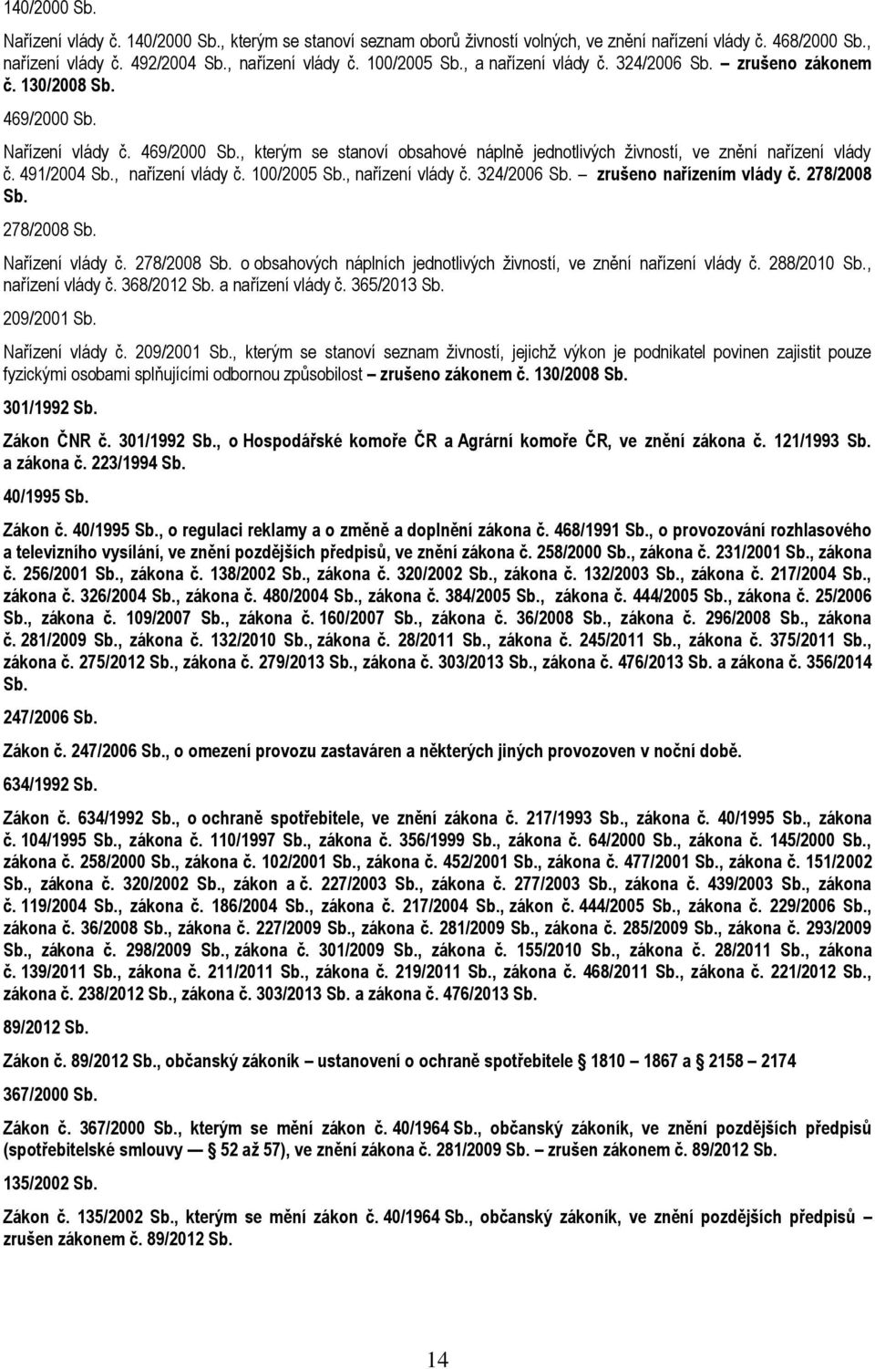 491/2004 Sb., nařízení vlády č. 100/2005 Sb., nařízení vlády č. 324/2006 Sb. zrušeno nařízením vlády č. 278/2008 Sb. 278/2008 Sb. Nařízení vlády č. 278/2008 Sb. o obsahových náplních jednotlivých živností, ve znění nařízení vlády č.