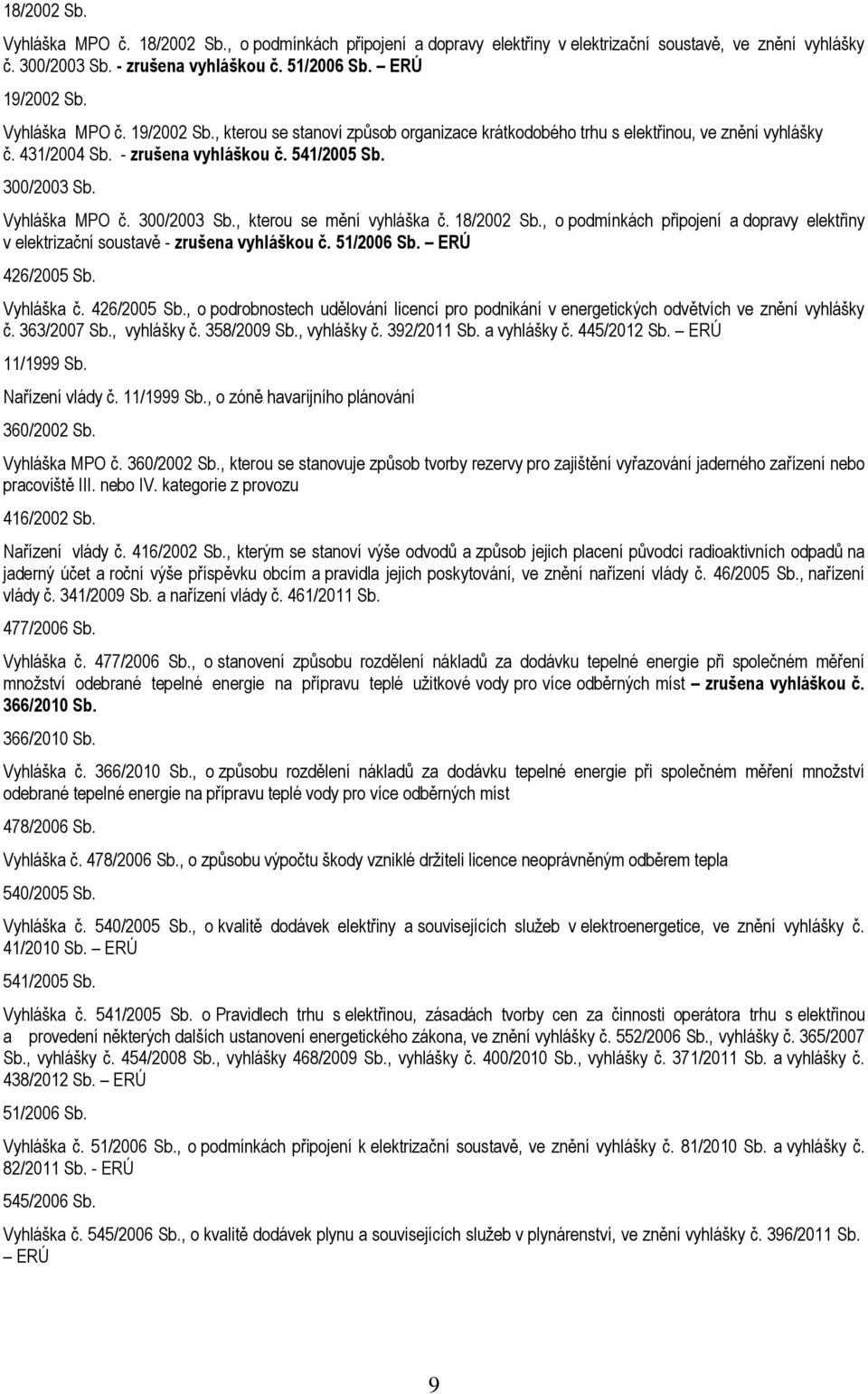 300/2003 Sb., kterou se mění vyhláška č. 18/2002 Sb., o podmínkách připojení a dopravy elektřiny v elektrizační soustavě - zrušena vyhláškou č. 51/2006 Sb. ERÚ 426/2005 Sb.