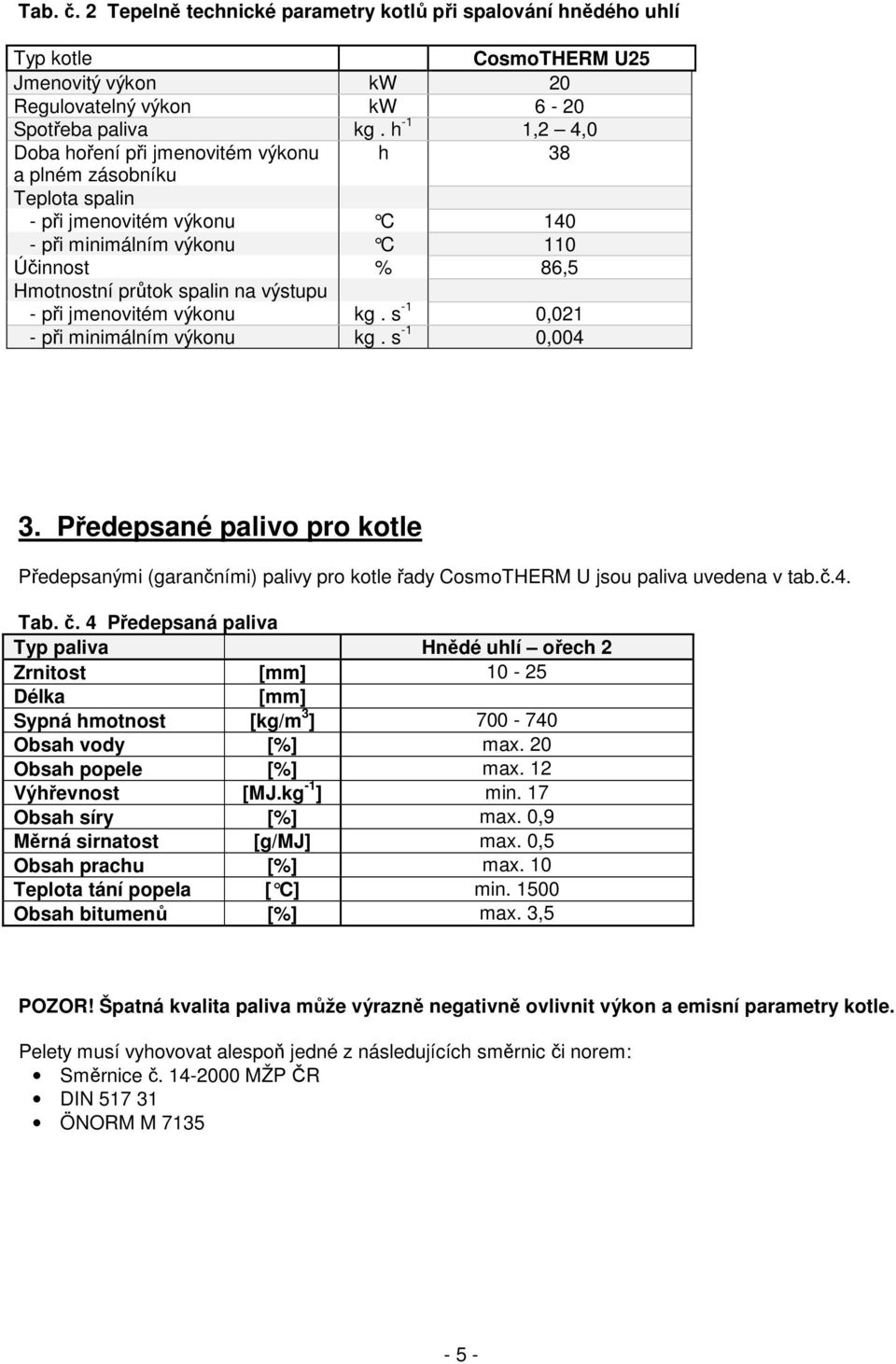 při jmenovitém výkonu kg. s -1 0,021 - při minimálním výkonu kg. s -1 0,004 3. Předepsané palivo pro kotle Předepsanými (garančními) palivy pro kotle řady CosmoTHERM U jsou paliva uvedena v tab.č.4. Tab.