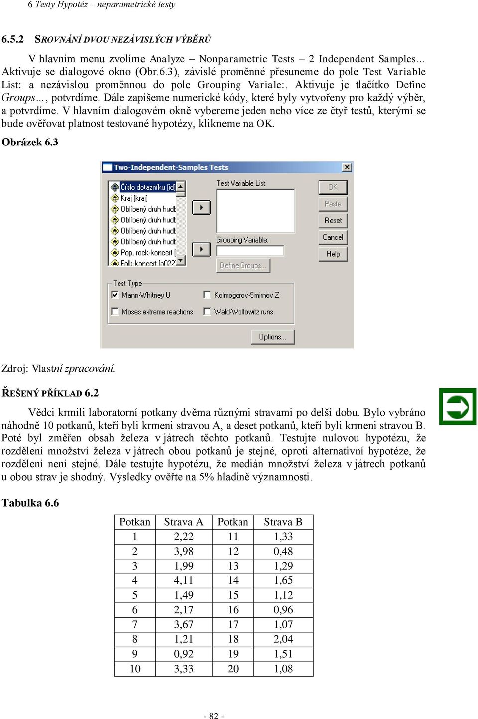 V hlavním dialogovém okně vybereme jeden nebo více ze čtyř testů, kterými se bude ověřovat platnost testované hypotézy, klikneme na OK. Obrázek 6.3 Zdroj: Vlastní zpracování. ŘEŠENÝ PŘÍKLAD 6.