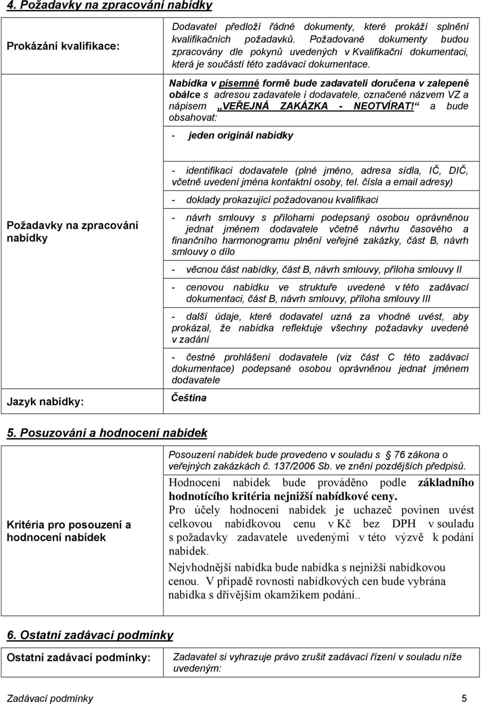 Nabídka v písemné formě bude zadavateli doručena v zalepené obálce s adresou zadavatele i dodavatele, označené názvem VZ a nápisem VEŘEJNÁ ZAKÁZKA - NEOTVÍRAT!