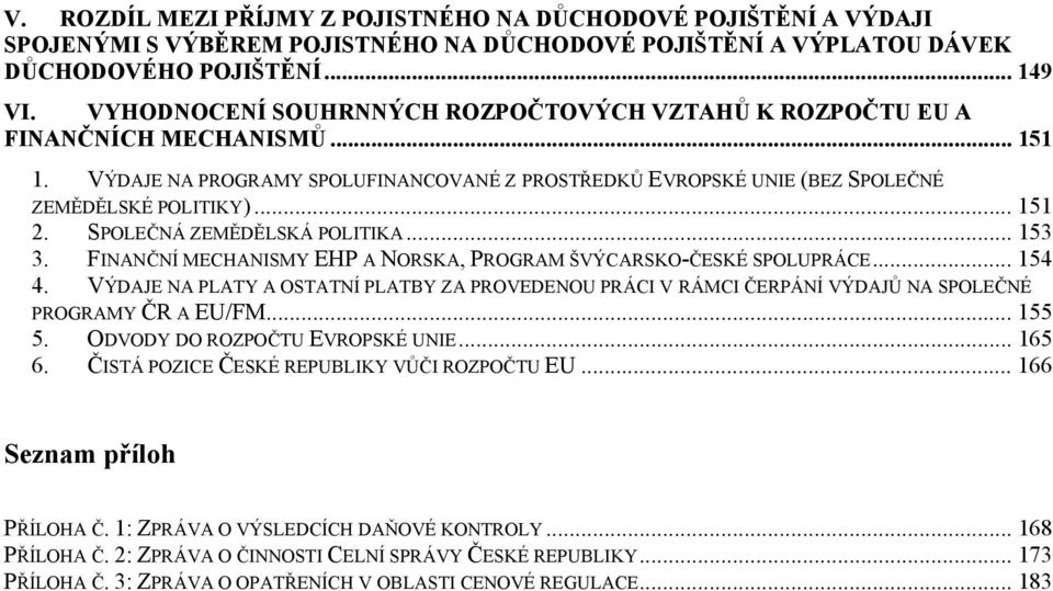 SPOLEČNÁ ZEMĚDĚLSKÁ POLITIKA... 153 3. FINANČNÍ MECHANISMY EHP A NORSKA, PROGRAM ŠVÝCARSKO-ČESKÉ SPOLUPRÁCE... 154 4.