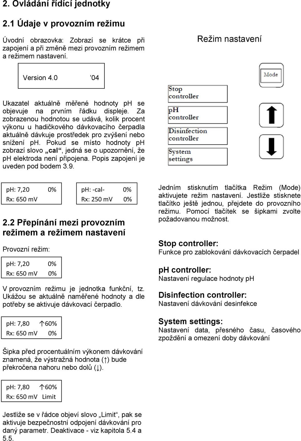 Za zobrazenou hodnotou se udává, kolik procent výkonu u hadičkového dávkovacího čerpadla aktuálně dávkuje prostředek pro zvýšení nebo snížení ph.