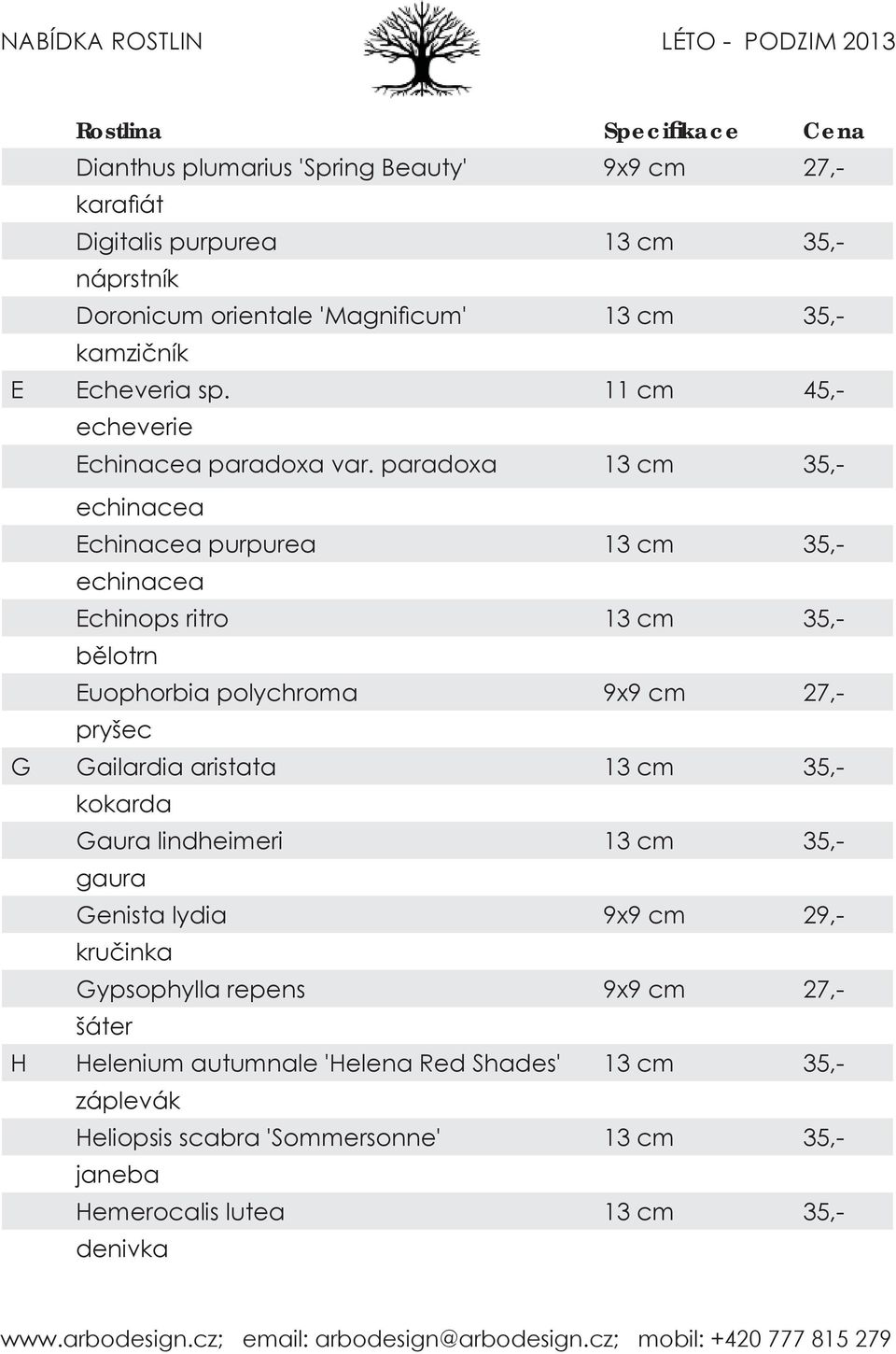 paradoxa 13 cm 35,- echinacea Echinacea purpurea 13 cm 35,- echinacea Echinops ritro 13 cm 35,- bělotrn Euophorbia polychroma 9x9 cm 27,- pryšec G Gailardia