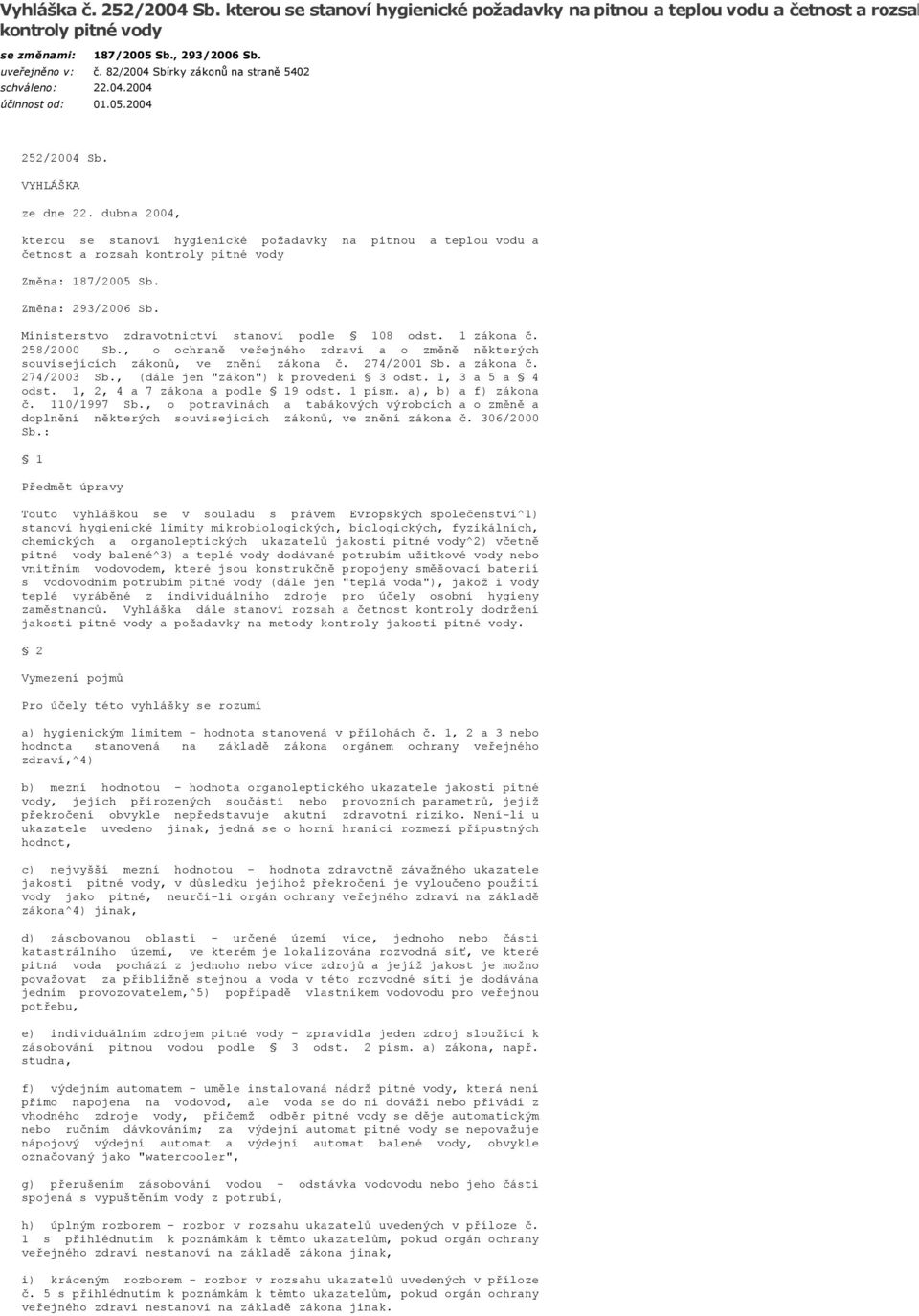 dubna 2004, kterou se stanoví hygienické požadavky na pitnou a teplou vodu a četnost a rozsah kontroly pitné vody Změna: 187/2005 Sb. Změna: 29/2006 Sb.