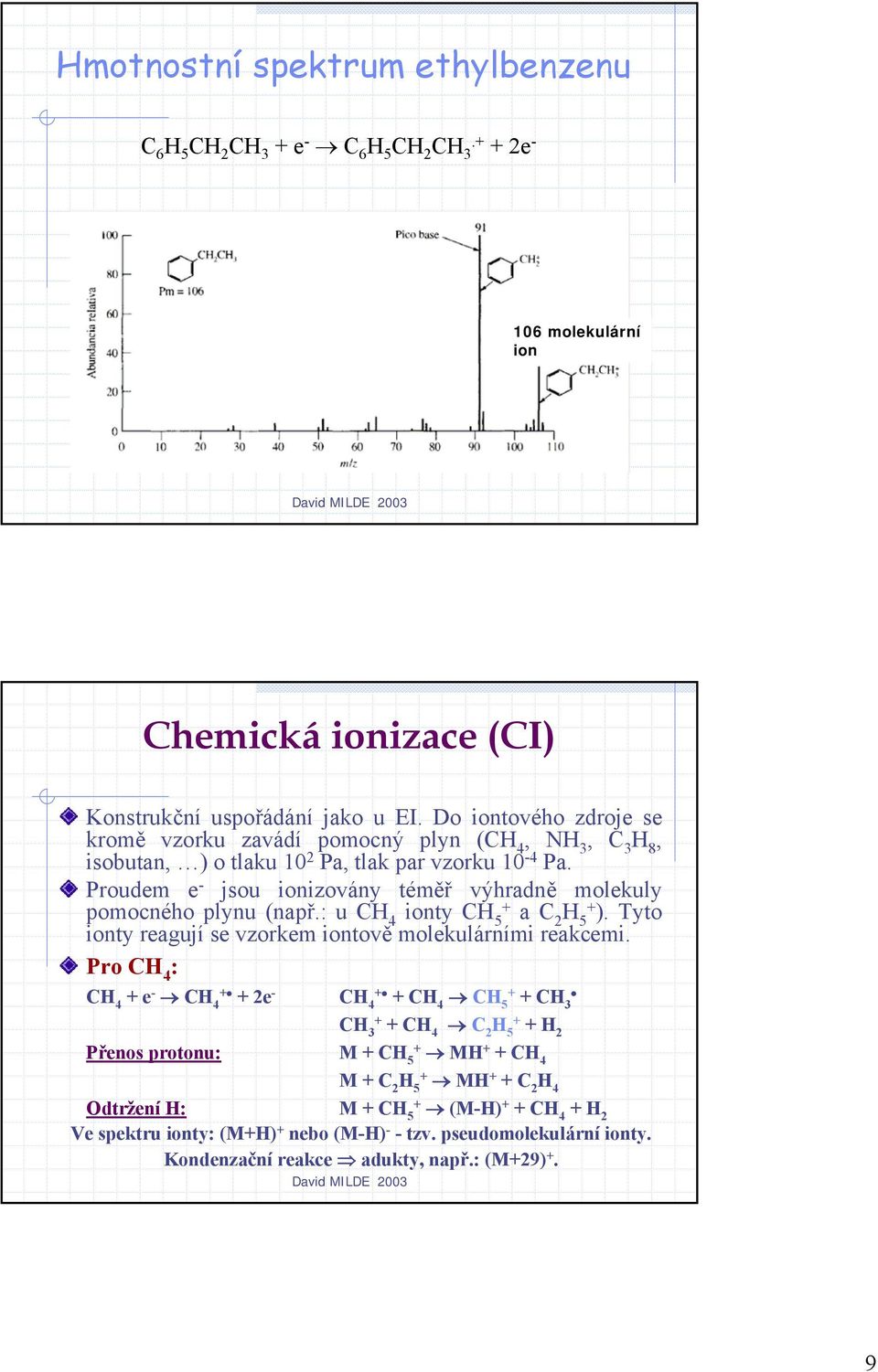 Proudem e - jsou ionizovány téměř výhradně molekuly pomocného plynu (např.: u CH 4 ionty CH 5+ a C 2 H 5+ ). Tyto ionty reagují se vzorkem iontově molekulárními reakcemi.