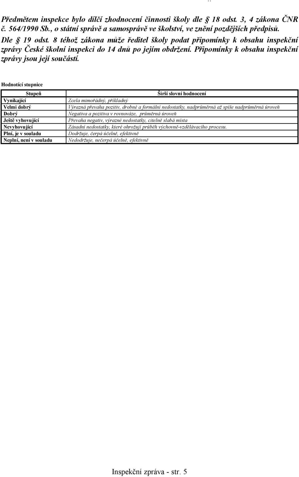 .. Hodnotící stupnice Stupeň Vynikající Velmi dobrý Dobrý Ještě vyhovující Nevyhovující Plní, je v souladu Neplní, není v souladu Širší slovní hodnocení Zcela mimořádný, příkladný Výrazná převaha