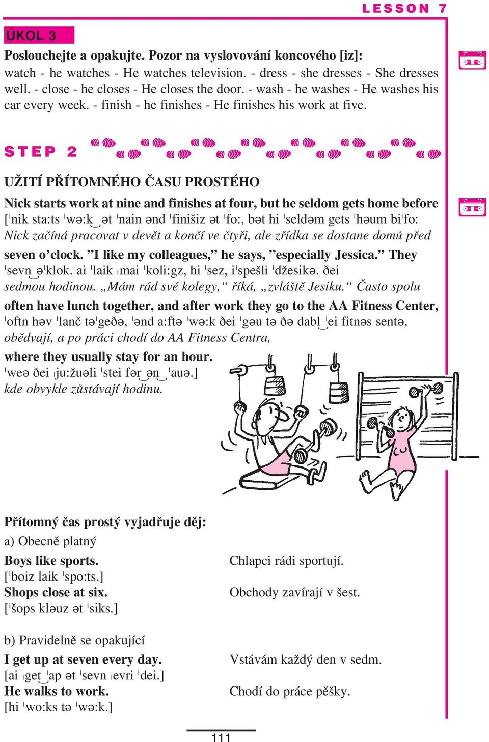 STEP 2 UŽITÍ PŘÍTOMNÉHO ČASU PROSTÉHO Nick starts work at nine and finishes at four, but he seldom gets home before [Hnik sta:ts Hwe:k et Hnain end Hfinišiz et Hfo:, bet hi Hseldem gets Hheum bihfo: