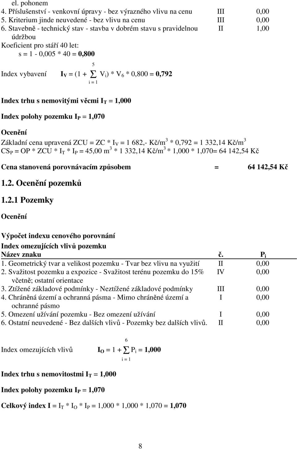 Index trhu s nemovitými věcmi I T = 1,000 Index polohy pozemku I P = 1,070 Ocenění Základní cena upravená ZCU = ZC * I V = 1 682,- Kč/m 3 * 0,792 = 1 332,14 Kč/m 3 CS P = OP * ZCU * I T * I P = 45,00