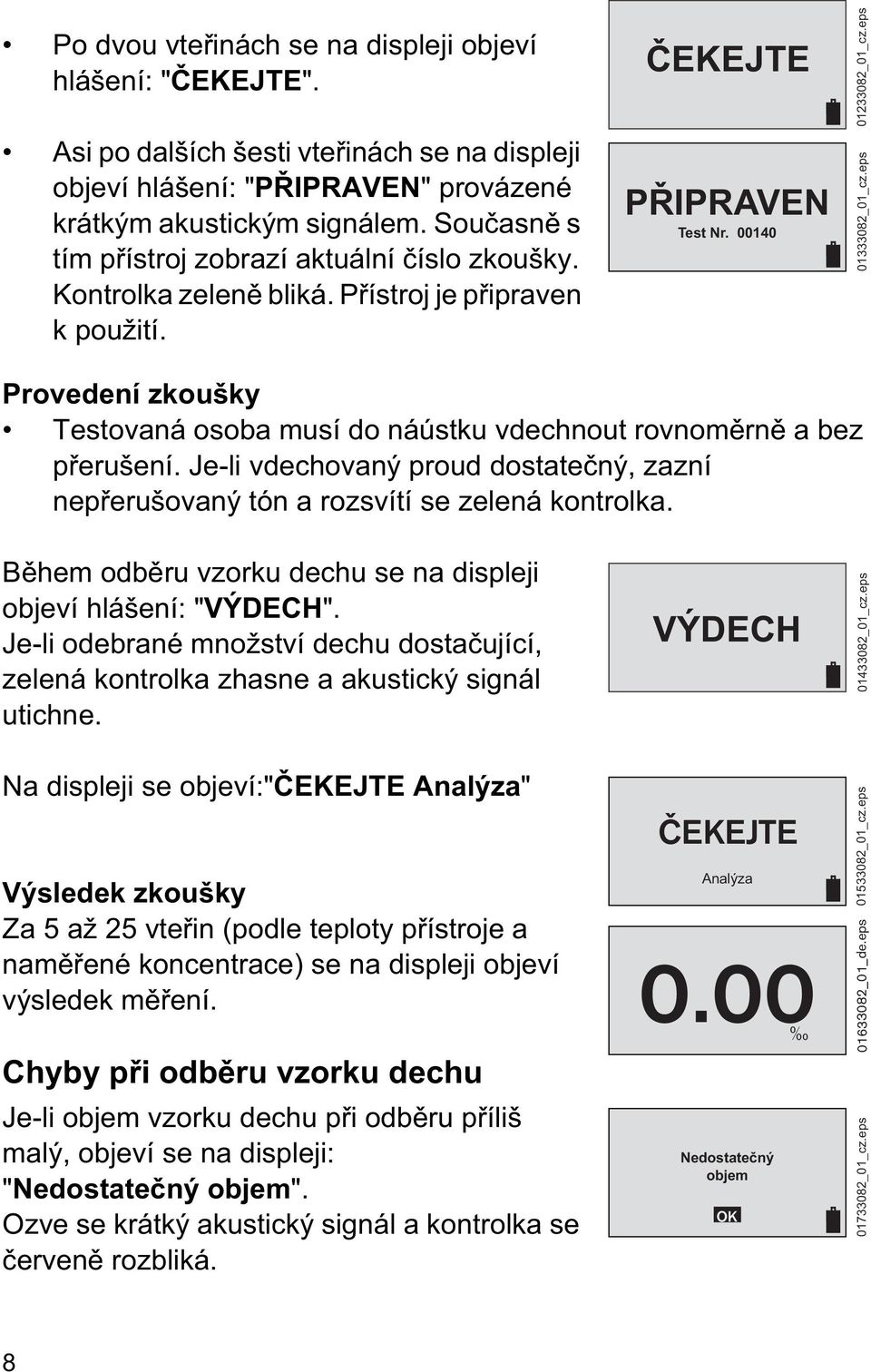 eps Provedení zkoušky Testovaná osoba musí do náústku vdechnout rovnom rn a bez p erušení. Je-li vdechovaný proud dostate ný, zazní nep erušovaný tón a rozsvítí se zelená kontrolka.
