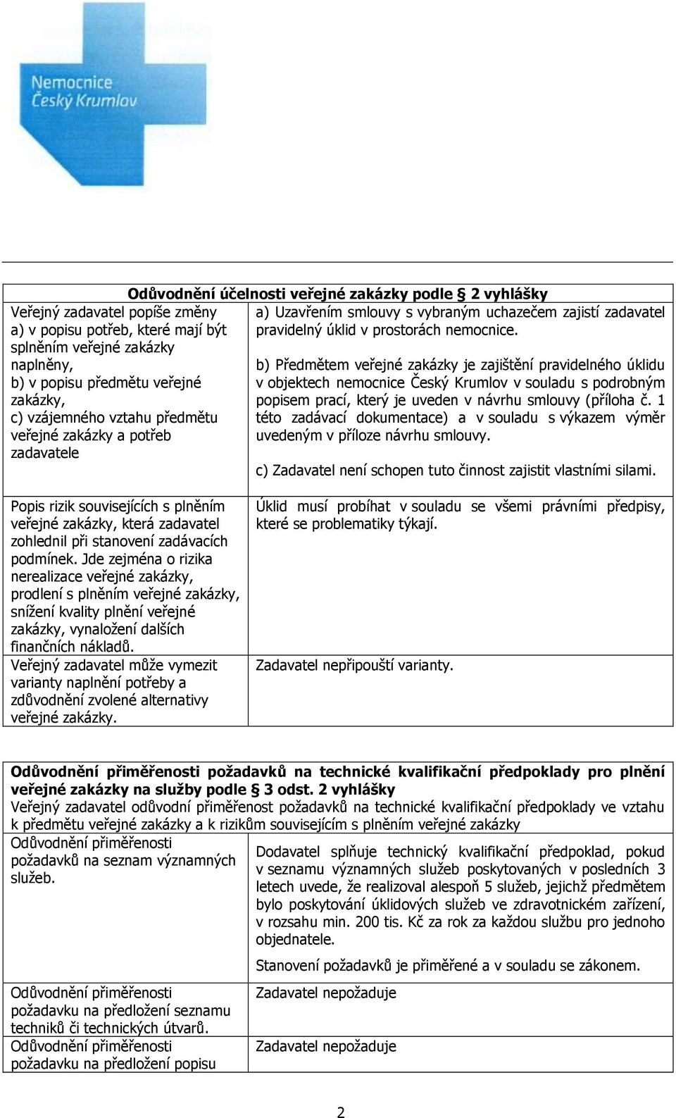 b) Předmětem veřejné zakázky je zajištění pravidelného úklidu v objektech nemocnice Český Krumlov v souladu s podrobným popisem prací, který je uveden v návrhu smlouvy (příloha č.