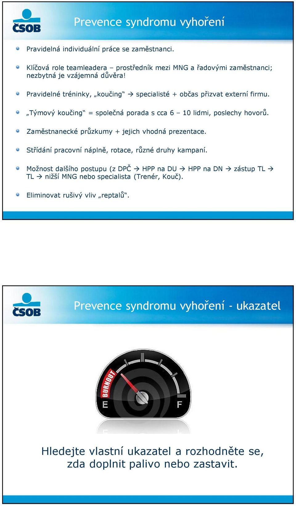 Pravidelné tréninky, koučing specialisté + občas přizvat externí firmu. Týmový koučing = společná porada s cca 6 10 lidmi, poslechy hovorů.