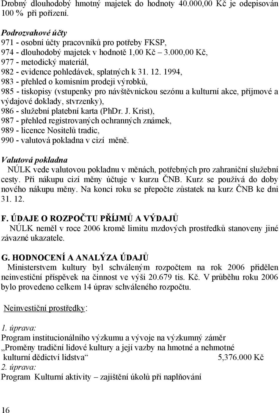 1994, 983 - přehled o komisním prodeji výrobků, 985 - tiskopisy (vstupenky pro návštěvnickou sezónu a kulturní akce, příjmové a výdajové doklady, stvrzenky), 986 - služební platební karta (PhDr. J.