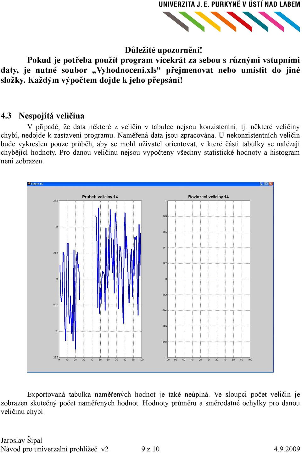 Naměřená data jsou zpracována. U nekonzistentních veličin bude vykreslen pouze průběh, aby se mohl uživatel orientovat, v které části tabulky se nalézají chybějící hodnoty.