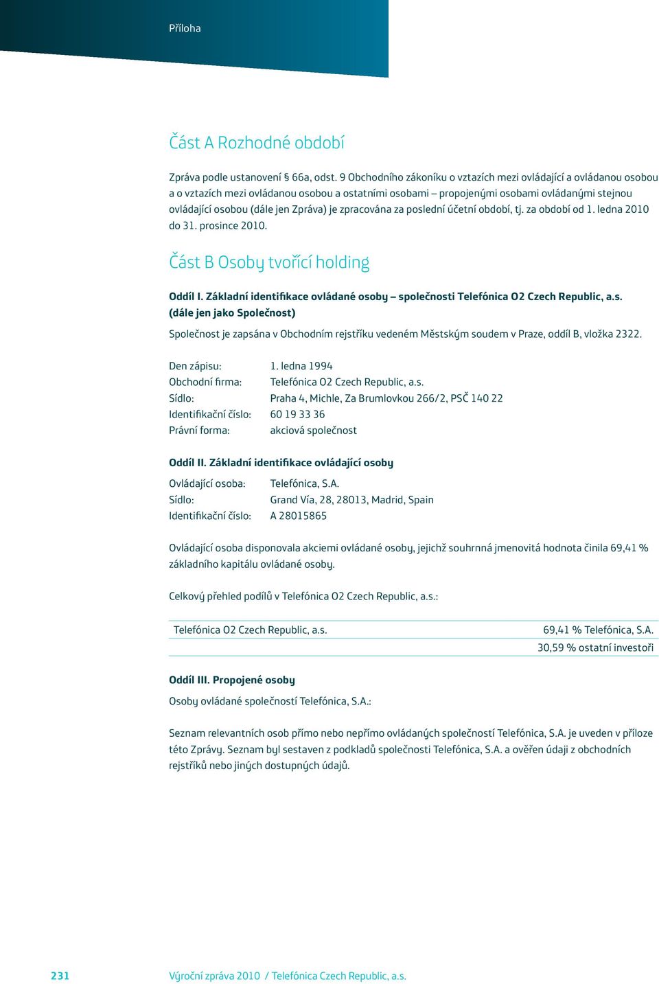 je zpracována za poslední účetní období, tj. za období od 1. ledna 2010 do 31. prosince 2010. Část B Osoby tvořící holding Oddíl I.