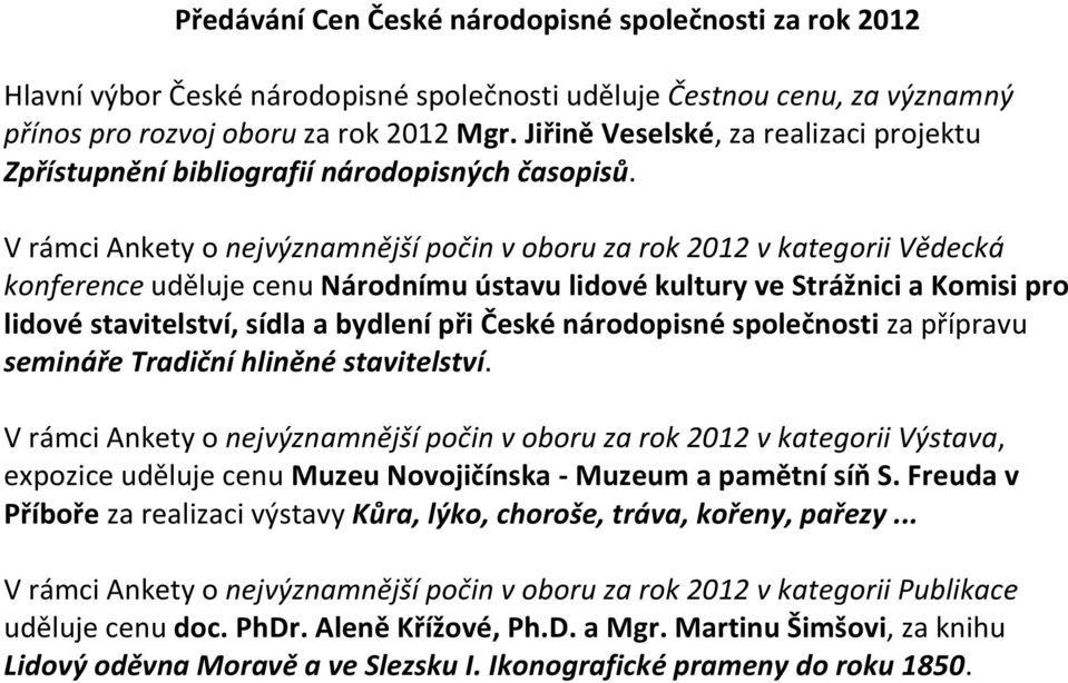 V rámci Ankety o nejvýznamnější počin v oboru za rok 2012 v kategorii Vědecká konference uděluje cenu Národnímu ústavu lidové kultury ve Strážnici a Komisi pro lidové stavitelství, sídla a bydlení