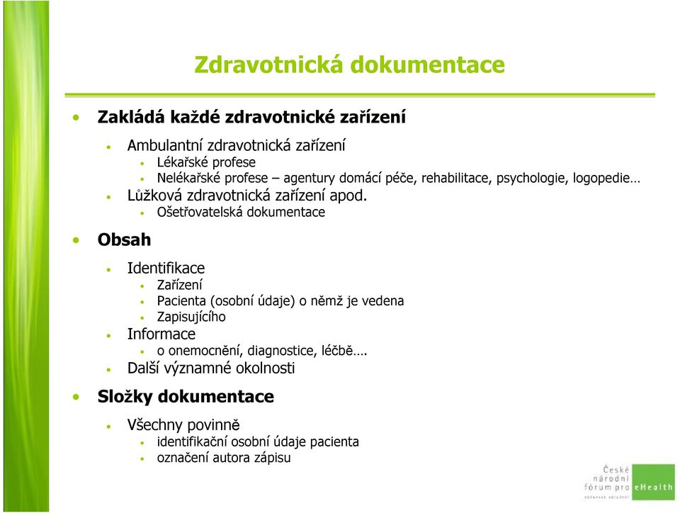 Ošetřovatelská dokumentace Obsah Identifikace Zařízení Pacienta (osobní údaje) o němž je vedena Zapisujícího Informace o