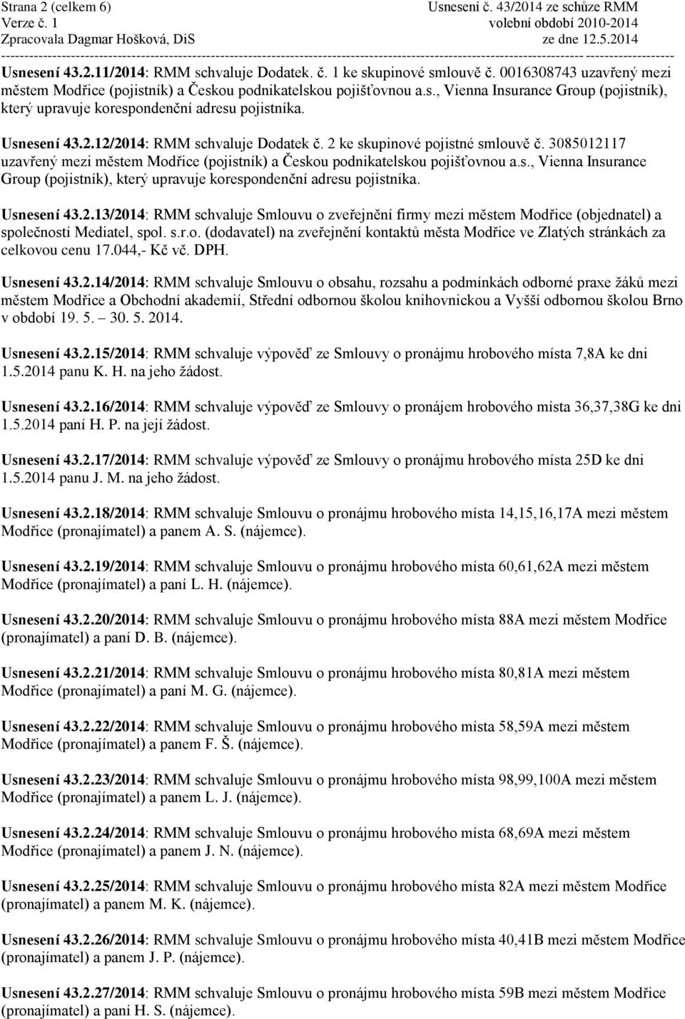Usnesení 43.2.13/2014: RMM schvaluje Smlouvu o zveřejnění firmy mezi městem Modřice (objednatel) a společností Mediatel, spol. s.r.o. (dodavatel) na zveřejnění kontaktů města Modřice ve Zlatých stránkách za celkovou cenu 17.