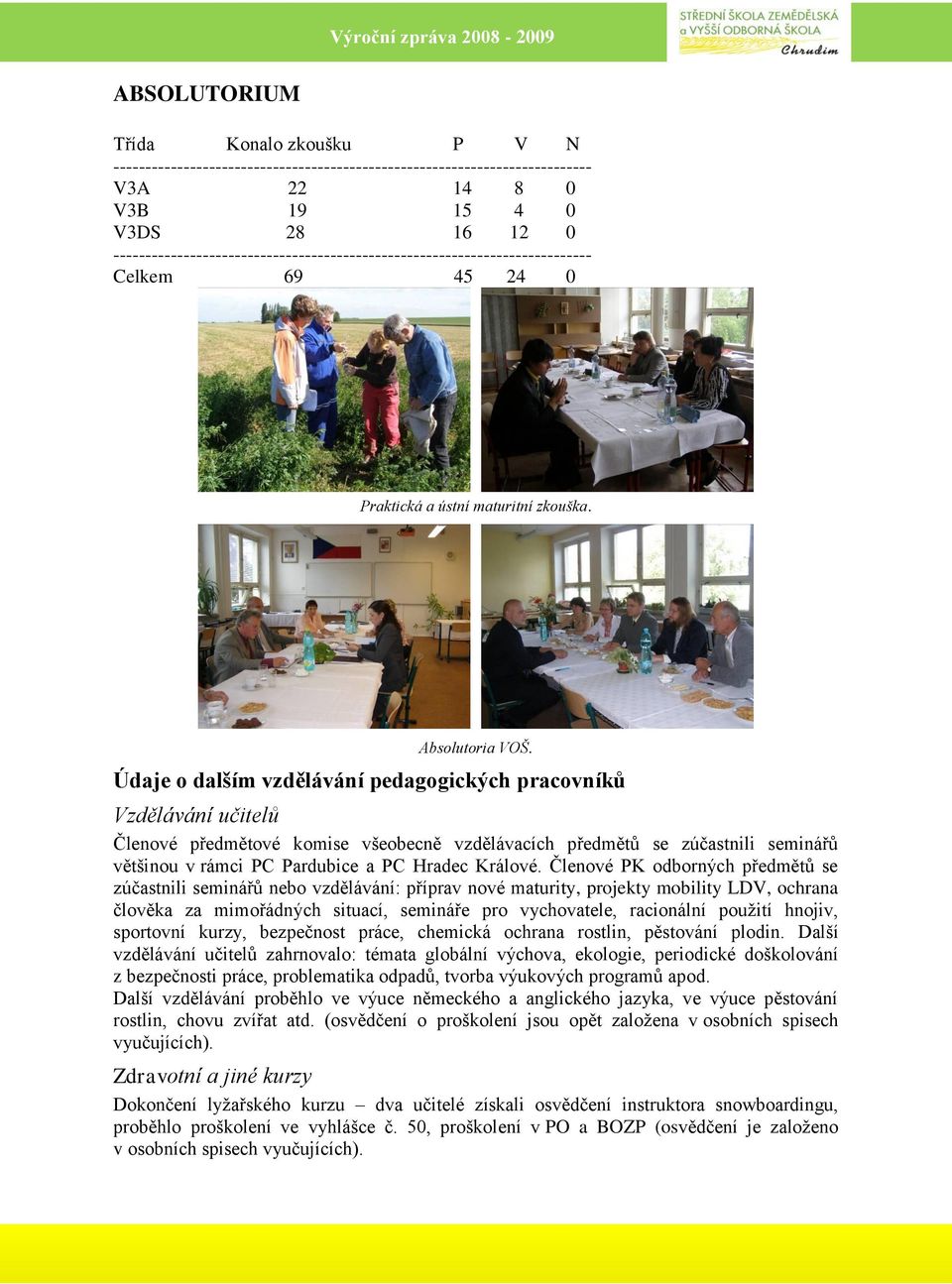 Údaje o dalším vzdělávání pedagogických pracovníků Vzdělávání učitelů Členové předmětové komise všeobecně vzdělávacích předmětů se zúčastnili seminářů většinou v rámci PC Pardubice a PC Hradec