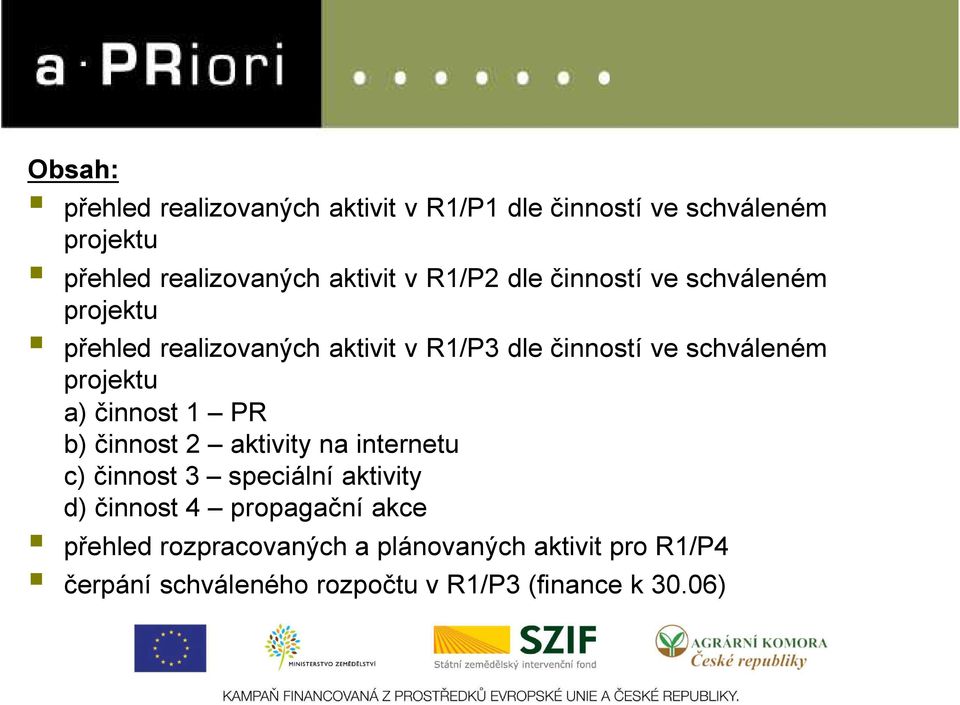 projektu a) činnost 1 PR b) činnost 2 aktivity na internetu c) činnost 3 speciální aktivity d) činnost 4